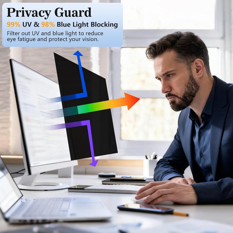GHY 34 Inch Curved Privacy Screen for Computer Monitor 21:9 Aspect Ratio, Anti Glare Blue Light Blocking Shield, Removable Eye Protector Filter - W x H: 31 1/4" x 13 3/8" (794mm x 340mm) - Image 4